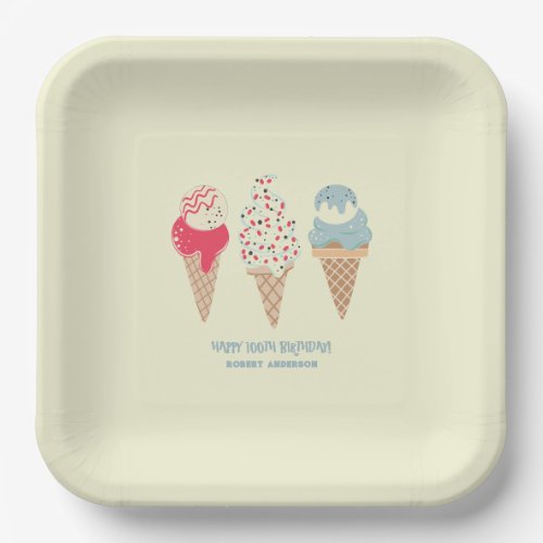 Retro Ice Cream Cone 100th Birthday Custom Paper Plates