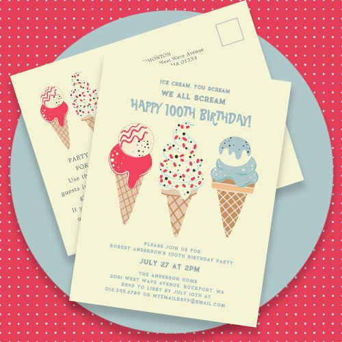 Retro Ice Cream Cone 100th Birthday Invitation Postcard