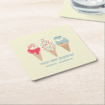 Retro Ice Cream Cone 18th Birthday Custom Square Paper Coaster<br><div class="desc">New for Summer 2004. A retro patriotic design feature 3 ice cream cones in pastel retro red,  white and blue. Two lines of editable text allow you to customize this design.</div>