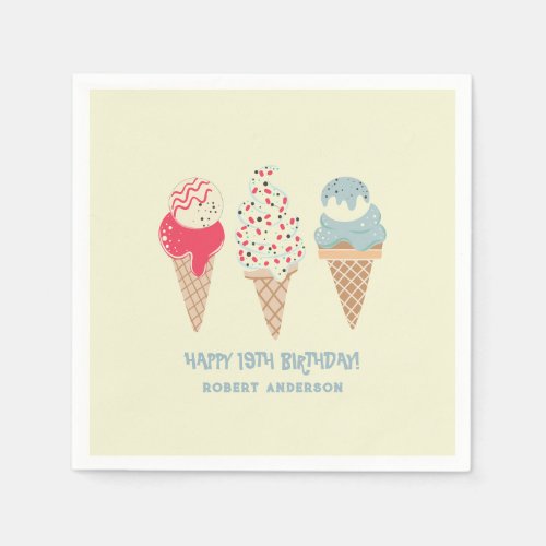 Retro Ice Cream Cone 19th Birthday Custom Napkins