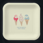 Retro Ice Cream Cone 21st Birthday Custom Paper Plates<br><div class="desc">New for Summer 2024. A retro patriotic design feature 3 ice cream cones in pastel retro red,  white and blue. Two lines of editable text allow you to customize this design.</div>