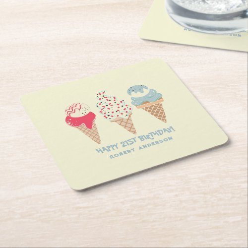 Retro Ice Cream Cone 21st Birthday Custom Square Paper Coaster