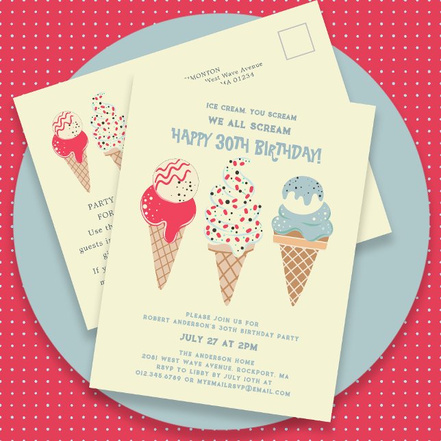 Retro Ice Cream Cone 30th Birthday Invitation Postcard (Creator Uploaded)
