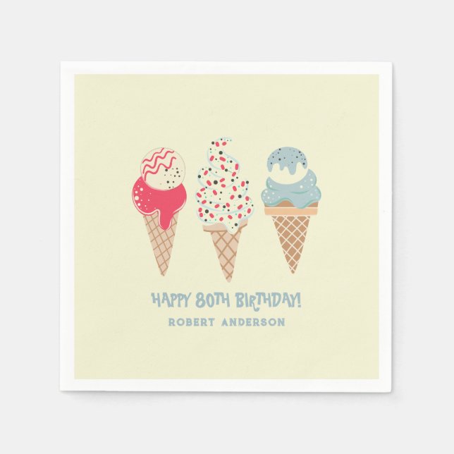 Retro Ice Cream Cone 80th Birthday Custom Napkins (Front)