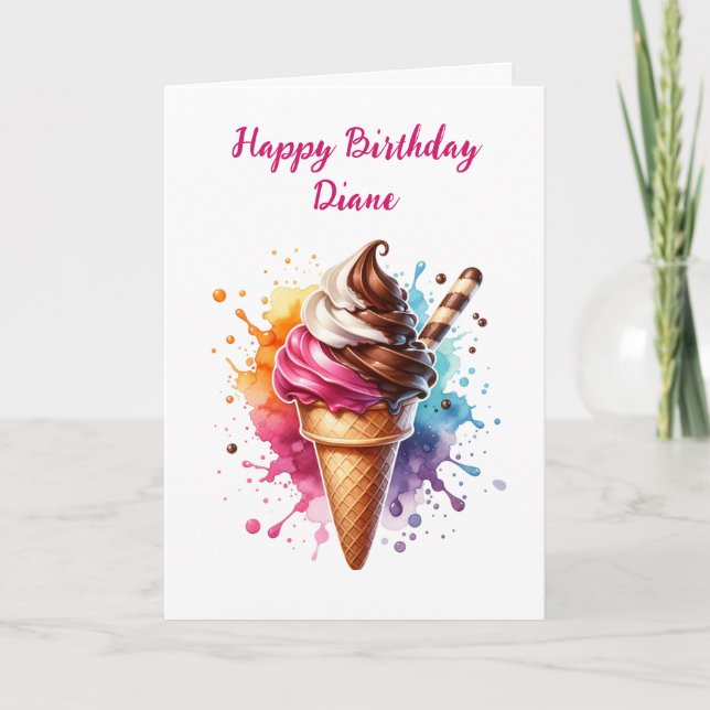 Retro Ice Cream Cone and Coloring Page Birthday Card (Front)