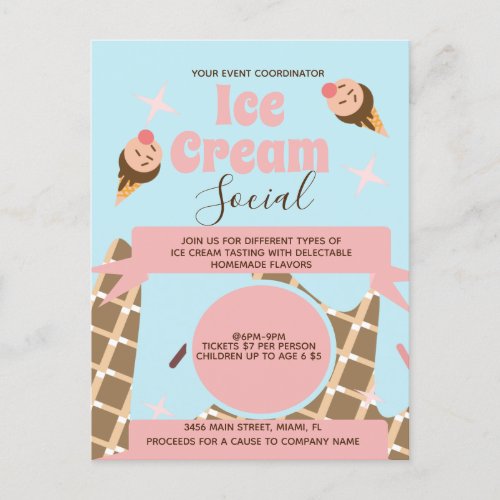 Retro Ice Cream Cone Social Flyers Invitation Pink Postcard