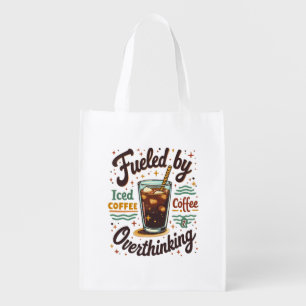Retro Iced Coffee and Overthinking Funny Graphic Grocery Bag