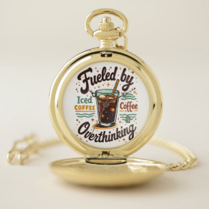Retro Iced Coffee and Overthinking Funny Graphic Pocket Watch