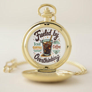 Retro Iced Coffee and Overthinking Funny Graphic Pocket Watch