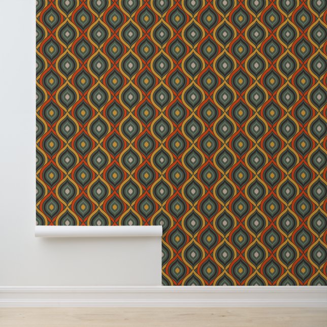 Retro Ikat Green Gold Orange Pattern Wallpaper (Application)