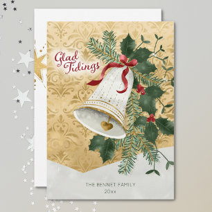Retro Illustrated Bell Glad Tidings Christmas Holiday Card