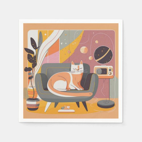 Retro Illustrated Cat on Lounger Cocktail Napkins