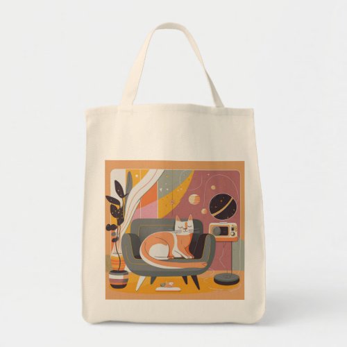 Retro Illustrated Cat on Lounger Tote Bag