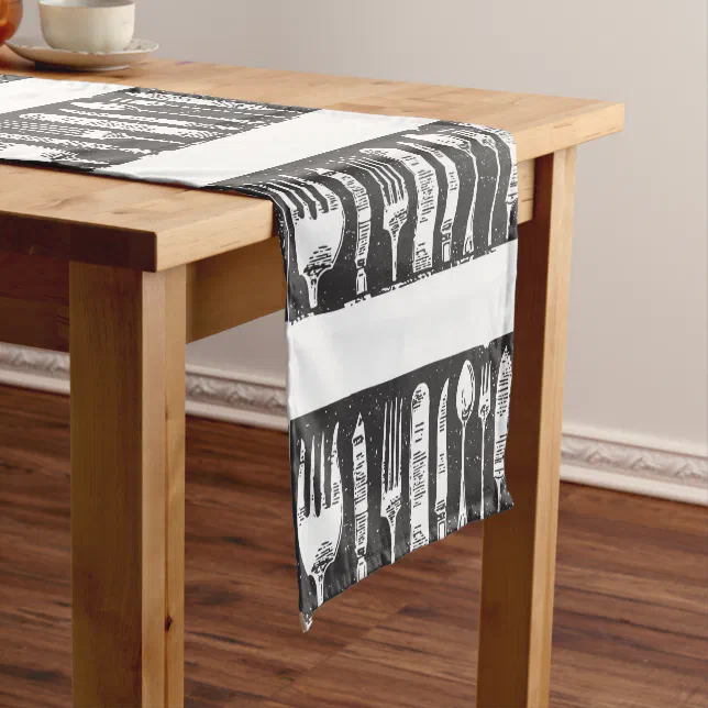 Retro Illustrated Cutlery Art Black and White Short Table Runner | Zazzle