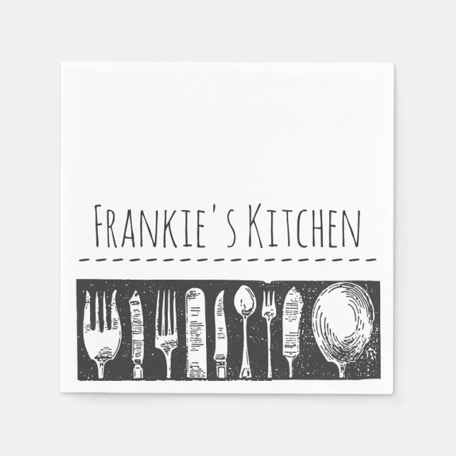 Retro Illustrated Cutlery Art Custom Text Napkins (Front)