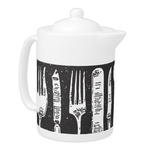 Retro Illustrated Cutlery Art Teapot