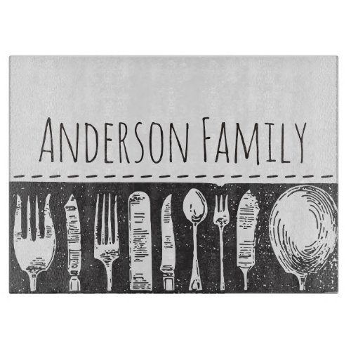 Retro Illustrated Cutlery Personalised Family Cutting Board