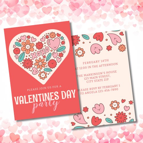 Retro Illustrated Hearts Valentines Day Party Invitation