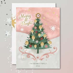 Retro Illustrated Tree Merry & Bright Christmas Holiday Card