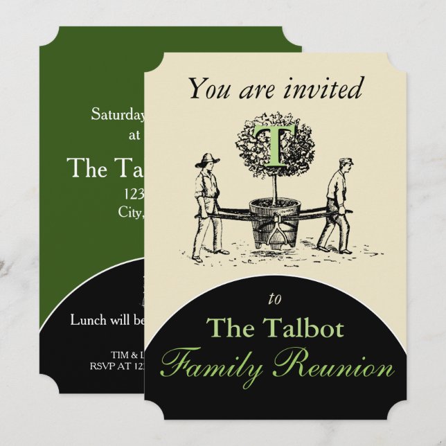 Retro Illustration Gardeners Tree Family Reunion I Invitation (Front/Back)