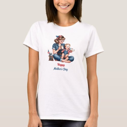Retro illustration Mother and baby American Flag T_Shirt