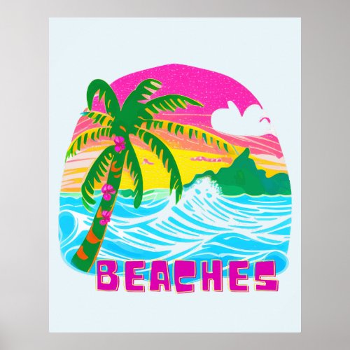 Retro illustration of beach  Sunset Travel Poster