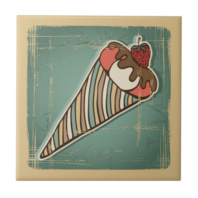 Retro Illustration of Ice Cream Ceramic Tile (Front)