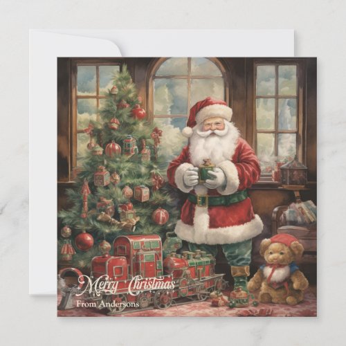 Retro illustration Santa Claus and Christmas Tree Holiday Card