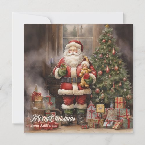 Retro illustration Santa Claus and Christmas tree Holiday Card