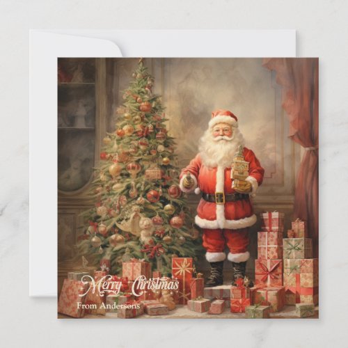 Retro illustration Santa Claus with Christmas tree Holiday Card