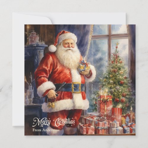 Retro illustration Santa Claus with presents gifts Holiday Card