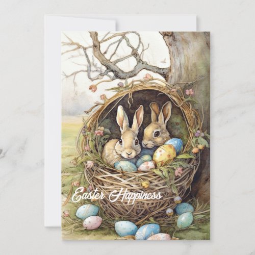 Retro Illustrations at two rabbits in basket eggs Holiday Card
