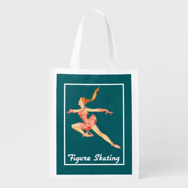 Retro Image of A Figure Skater In A Pink Outfit Reusable Grocery Bag (Front)