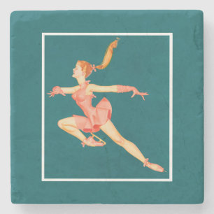 Retro Image of A Figure Skater In A Pink Outfit Stone Coaster