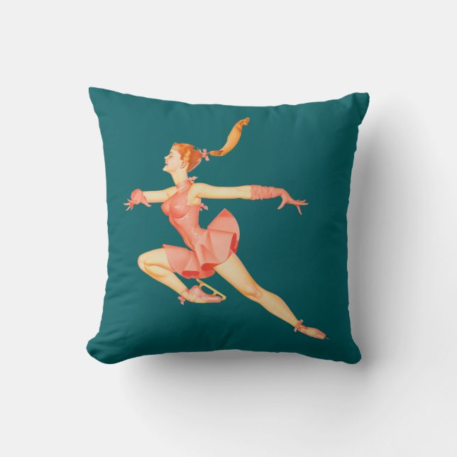Retro Image of A Figure Skater In A Pink Outfit Throw Pillow (Front)