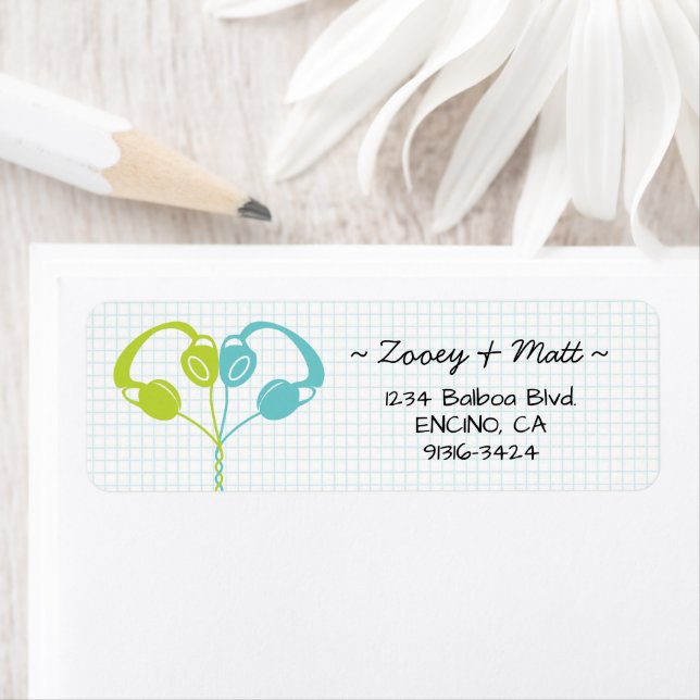 Retro Indie Headphones Heart Wedding Lime Blue Label (Insitu)