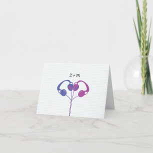 Retro Indie Headphones Heart Wedding (Purple/Blue) Letterpress Thank You Card