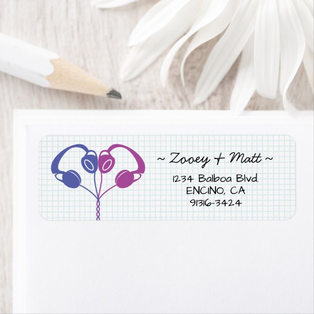 Retro Indie Headphones Heart Wedding Purple Indigo Label (Insitu)