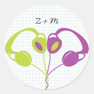 Retro Indie Headphones Heart Wedding (Purple/Lime) Classic Round Sticker