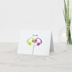 Retro Indie Headphones Heart Wedding (Purple/Lime) Letterpress Thank You Card