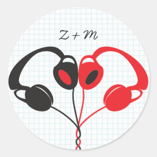 Retro Indie Headphones Heart Wedding Red and Black Classic Round Sticker