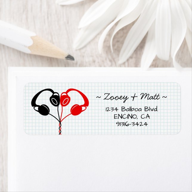 Retro Indie Headphones Heart Wedding Red and Black Label (Insitu)