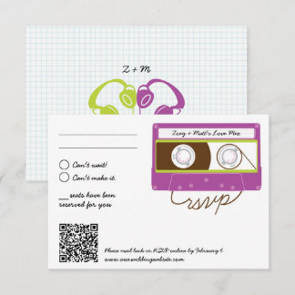 Retro Indie Mixtape Wedding Purple & Lime RSVP Card