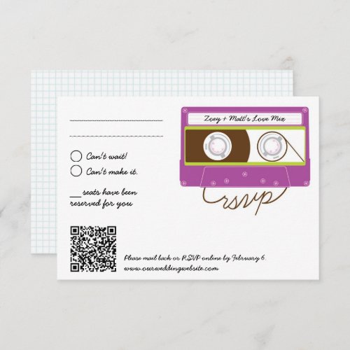 Retro Indie Mixtape Wedding Purple  Lime RSVP Card