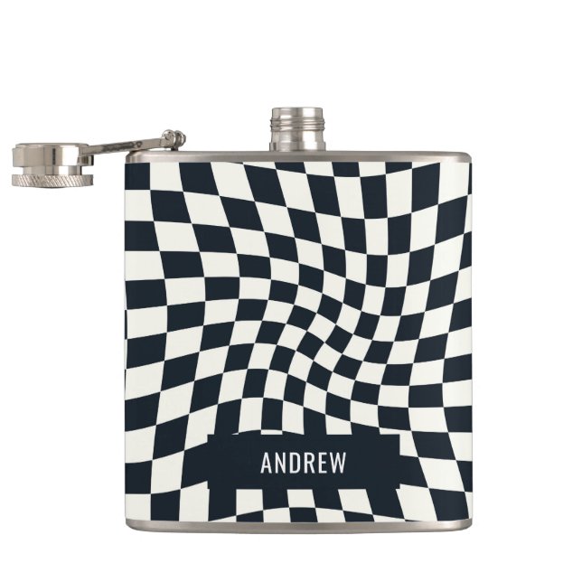Retro Indigo White Checkered Personalized Flask (Opened)
