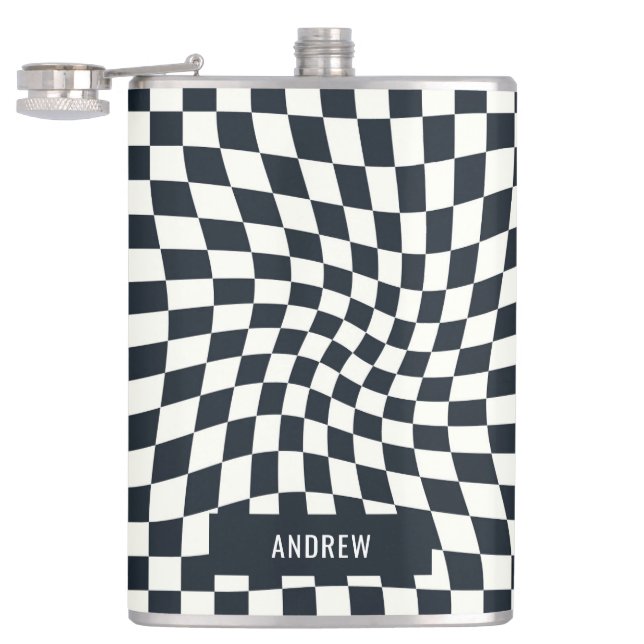 Retro Indigo White Checkered Personalized Flask (Opened)