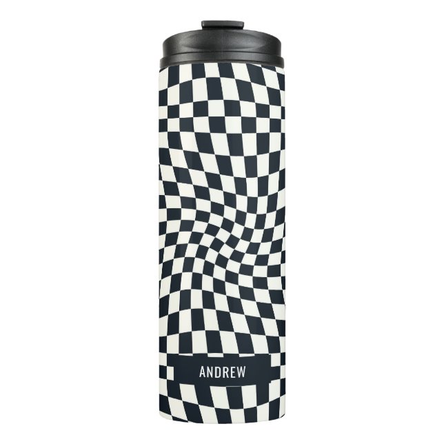 Retro Indigo White Checkered Personalized Thermal Tumbler (Front)