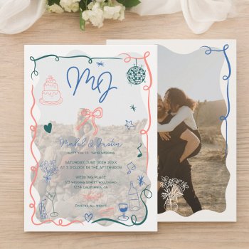 Retro Initial Handdrawn Illustrated Photos Wedding Invitation by girly_trend at Zazzle