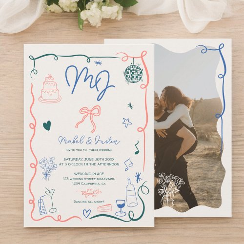 Retro initials handdrawn illustrated photo wedding invitation