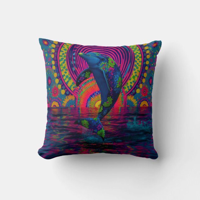 Retro Inspired Colorful Dolphin Throw Pillow (Front)